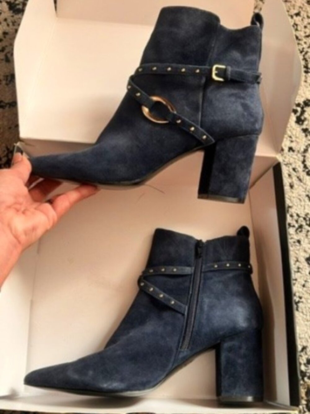 White House Black Market Navy Suede Studded Ankle Boots – Size 8.5